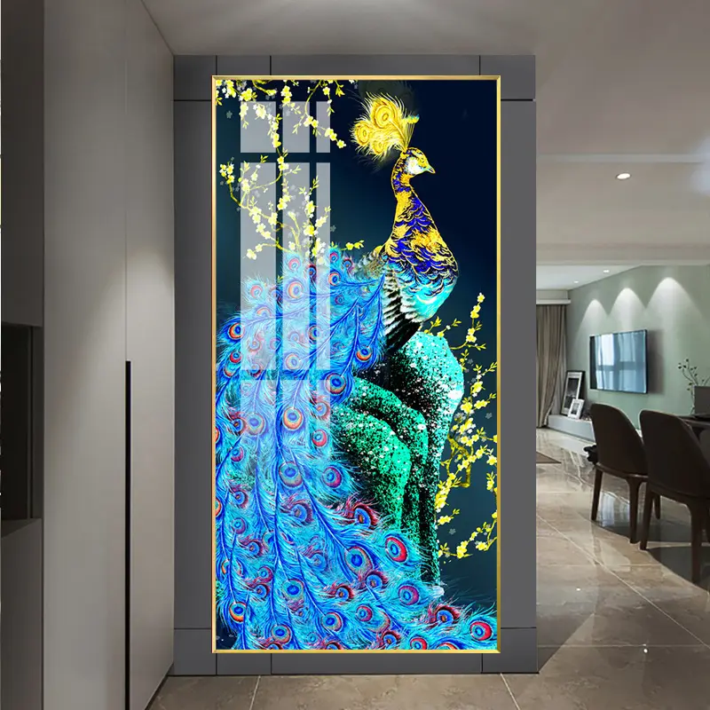 Pintura de parede em vidro para sala de estar, cor de pavão europeu, corredor, varanda, porcelana de cristal, suspensão de pavões, arte de parede