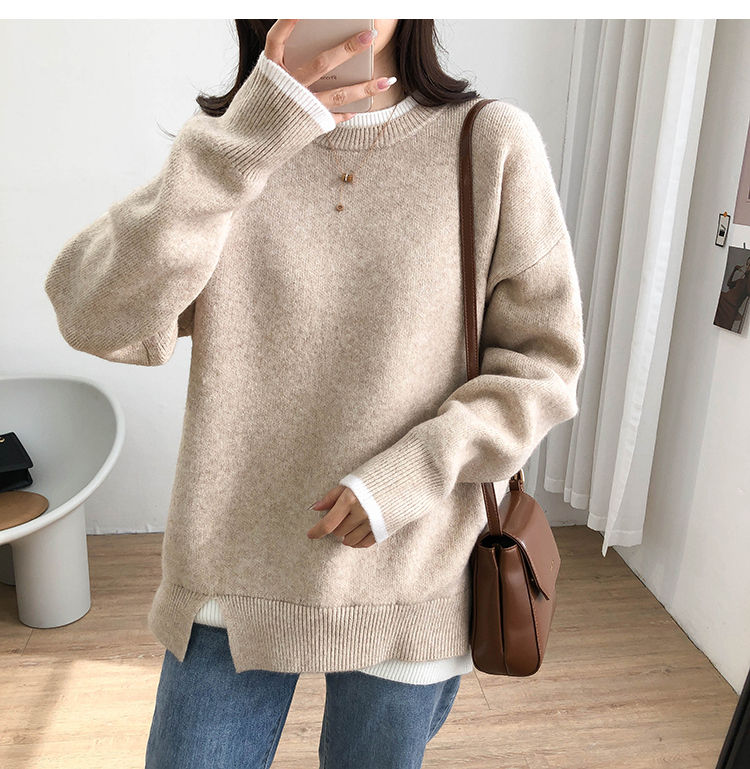 Otoño Invierno pulóveres suéteres mujer moda cuello redondo falso