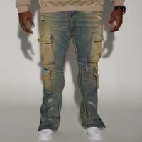 Jean cargo flare dégradé extensible 13oz pour homme, multi-poches, déchiré, boutonné, fendu à la cheville, style Y2K Street, collection 2026