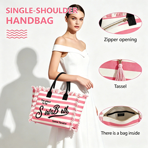 Borsa da Spiaggia in Tela RTS, Stile Boho con Ricami e Nappine, Grande Capacità, Leggera e Portatile, Borsa da Viaggio per Donne - Product Image 2