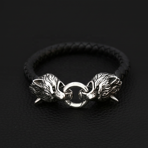 Pulsera vikinga con cabeza de lobo de cuero trenzado de acero inoxidable para hombre, joyería de metal pesado vintage de alta calidad, retro, sólida y duradera - Product Image 1