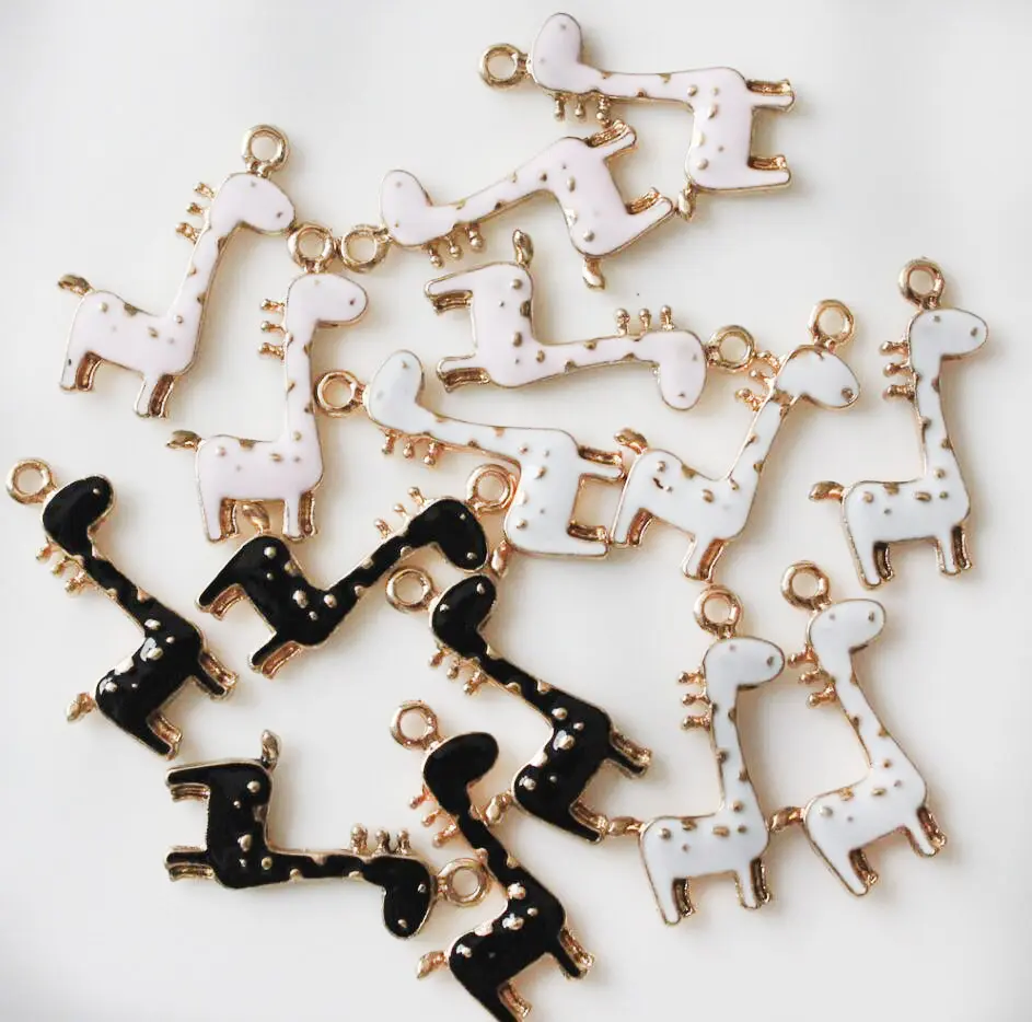 Cute Pink Black White 12*24mm Giraffe Charms Deer Charm Oil Drop Animal Pendants Enamel Beads for Jewelry Making