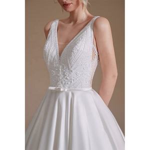 Vestido de novia de satén con encaje y cuentas, elegante vestido de fiesta de lujo con escote en V, ilusión trasera - Product Image 6
