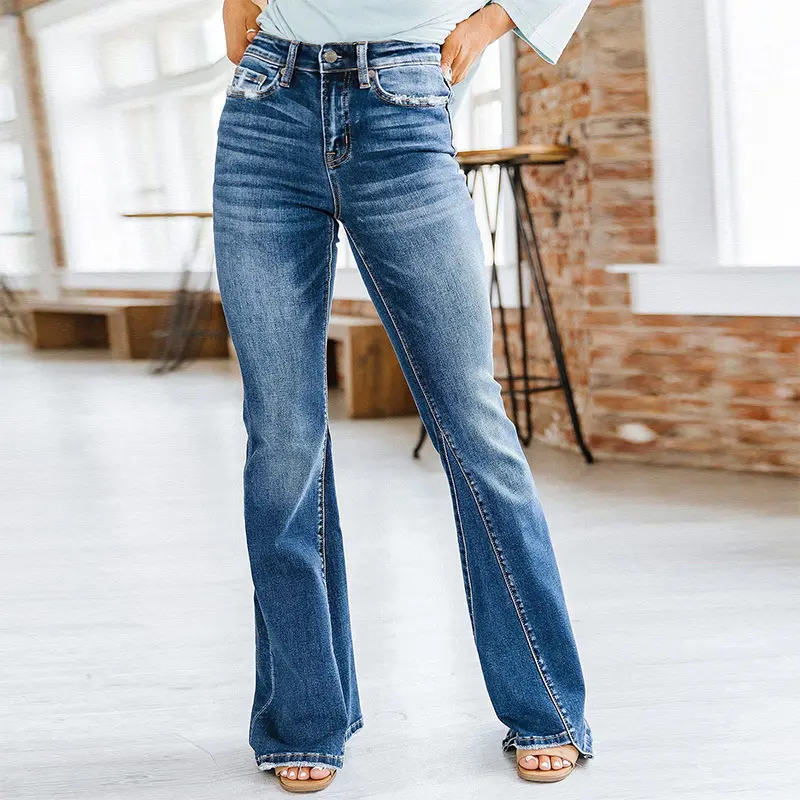 Hot chất lượng thời trang giản dị ngoài trời Jeans cao eo thẳng chân rửa denim quần cho phụ nữ