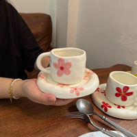 Ensemble tasse et soucoupe en céramique florale texturée, façonnée à la main, tasse à café mignonne en porcelaine à motif floral pour la maison