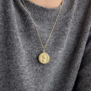 Vintage minimalist women cameo gold plated fine jewelry necklaces 14k queen elizabeth coin layered necklace