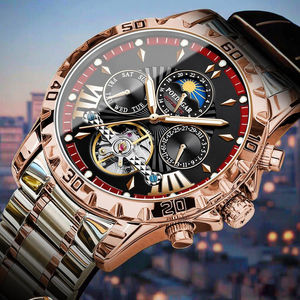 Poedagar 1410 Montre Homme Automatique Mécanique Décontractée Tourbillon en Acier Inoxydable Phase de Lune - Product Image 2