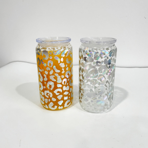 USA Warehouse Lot de 50 <span class=keywords><strong>verres</strong></span> <span class=keywords><strong>à</strong></span> <span class=keywords><strong>bière</strong></span> en verre imprimé léopard de 16oz avec couvercles Tasse <span class=keywords><strong>à</strong></span> café avec Straw-16BW002 en plastique transparent - Product Image 6