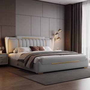 Ensemble de lit en cuir italien de luxe pour la maison, style moderne minimaliste élégant, lit <span class=keywords><strong>king</strong></span>-size éclairé de 1,8 m, lit capitonné design avec rangement - Product Image 3