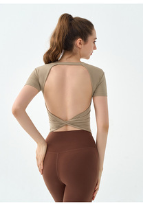 Women Criss Cross Twist <b>Open</b> Back Yoga Crop Top Short Sleeve Slim Fit Athletic T-Shirt Built in Padded <b>Bra</b> Pilates Workout Tee - Product Image 4