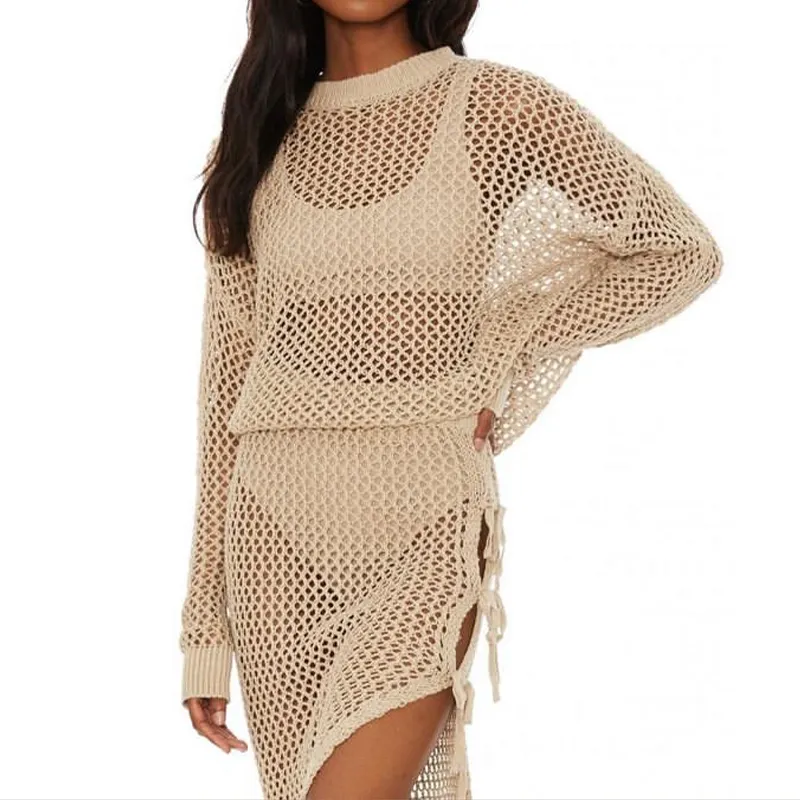 Hot Selling Sexy Hollow Out Women Dress Dissymmetry Skirt and Top Two Pieces Set Hollowed-Out Beach Boho Knitted Skirt