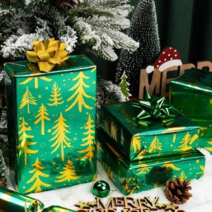 MAYPLUSS Vintage Green Christmas Wrapping Paper Roll 17 Inch X 33 Feet Metallic Gold Tree Pattern Holiday Gift <b>Wrap</b> - Product Image 4