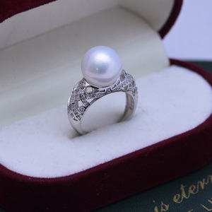 Bague en argent S925 pour femme, perle d'eau douce, 11-12 mm, ronde, blanche, forte brillance, perle délicate, ouverture réglable, design creux - Product Image 4