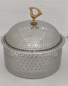 Stainless Steel Hotpot Shiny Polished Wedding Decorative <b>Tabletop</b> Casserole Round Shape Hammered Metal Food Warmer - Product Image 1