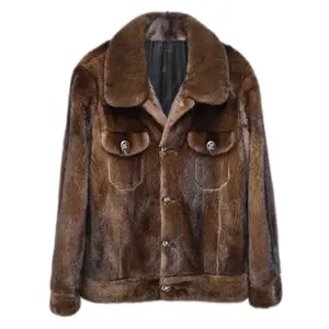 Abrigo de piel de visón marrón Natural para hombre, chaqueta de piel de visón con cuello de sable, informal