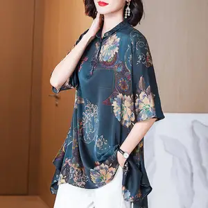 Impresso chiffon curto blusas elegantes mulheres simulação seda perfumada nuvem fio camisa outono show fino top das mulheres