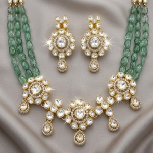 Traditional Green Stone Kundan 925 silver <b>Necklace</b> Set Gold Plated Bridal Jewelry with Earrings for Wedding Party Wear - Product Image 4