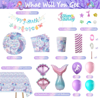 Ensemble de vaisselle jetable pour fête d'anniversaire sirène, assiettes en papier, gobelets, serviettes, nappe, décorations de gâteau, bannières, drapeaux, ballons, fournitures