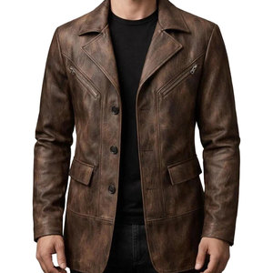 New Stylish <b>Men's</b> Genuine Leather Blazer Notched Lapel Single Breasted <b>Trench</b> <b>Coat</b> With Single Button Regular Sleeve - Product Image 1