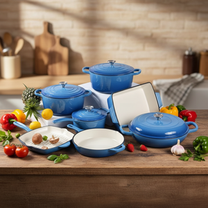 Set di Pentole in Ghisa Smaltata <span class=keywords><strong>Blu</strong></span> Estetico 7 Pezzi, Professionale, Adatto all'Induzione, Antiaderente, con Coperchi, per Cucina Gourmet - Product Image 1