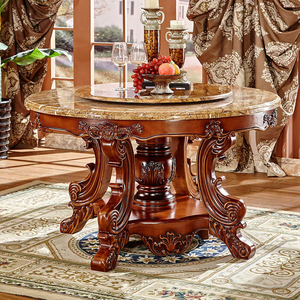 Ensemble de salle à manger de style européen avec table ronde en marbre et chaises en bois massif sculpté, doté d'un plateau tournant, pour la maison et l'hôtel - Product Image 2