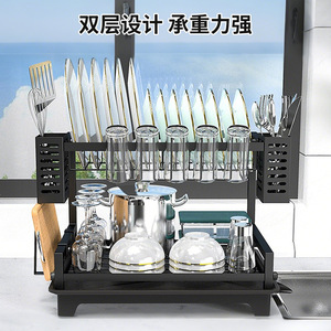 Escurridor de cocina de doble capa con bandeja, de secado rápido, para encimera, para almacenamiento de cuencos, platos y tazas, tamaño L - Product Image 3