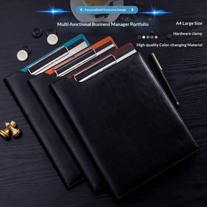 Porte-documents pliable en cuir PU avec logo personnalisé, format A4, spirale, 100 feuilles, pour conférences et réunions, avec presse-papiers intégré - Product Image 1