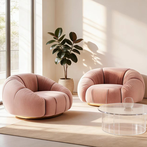 Sillón de Salón de Terciopelo Rosa de Lujo, Tapizado, con Base Dorada, Circular, Suave, para Lectura, Interior, Dormitorio - Product Image 6