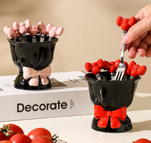 Tasse à fruits en porcelaine fine avec nœud et fourchette - 300 ml, passe au lave-vaisselle, cadeau créatif pour les restaurants, les hôtels et la vente en gros - Product Image 2