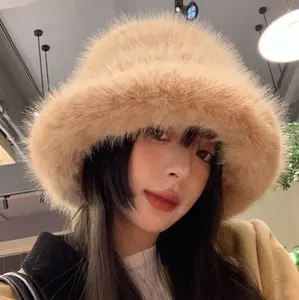 2024 Luxury Rabbit Plush Warm Fisherman Hats Winter Panama Caps Women Thickened Faux Fur Fluffy Wide Brim Bucket Hat for Female