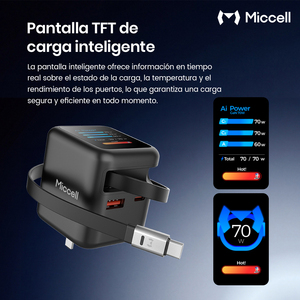 Cargador Miccell 70W GaN con USB-<span class=keywords><strong>C</strong></span>, <span class=keywords><strong>Cable</strong></span> de Carga Rápida, Adaptador de Pared y Pantalla Digital - Product Image 4