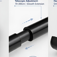 Tringle à rideau en métal noir réglable avec embouts décoratifs et supports, fixation par perçage pour chambre, salle de bain, hôtel