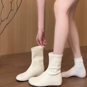 Versión en Stock~Nuevas Botas de Montar de Moda para Mujer, Otoño-Invierno 2025, de Alta Calidad, Blancas, con Cuña Oculta, Punta Redonda y Elásticas - Product Image 5