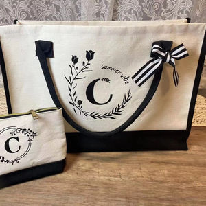 Custom Embroidered Cream White Cotton Canvas Beach Tote Bag with Thick Rope Handle Eco-Friendly Dot Pattern Logo - Product Image 1