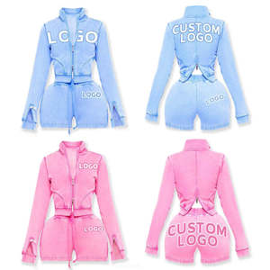 Conjunto <span class=keywords><strong>de</strong></span> chaqueta con cremallera recortada y cuello levantado para <span class=keywords><strong>mujer</strong></span>, chándal corto <span class=keywords><strong>de</strong></span> dos piezas con capucha y logotipo personalizado, F5934 - Product Image 1