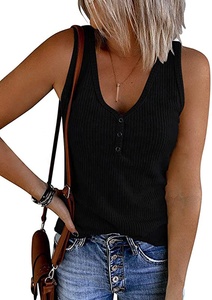 Holesale atatest imimple esesign omen's utton est Olid or olor V- Neck leleeveless Ady asual T- camisa op