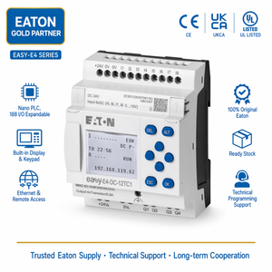 Unidad Base Eaton <span class=keywords><strong>EasyE4</strong></span> AC-12RC1 PLC 12 E/S 8DI 4RO Reloj 100-240V CA Riel DIN Controlador Lógico Programable CE ISO - Product Image 1