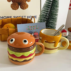 Tasse à hamburger en céramique de grande capacité créative et écologique avec couvercle mignon amusant tasse de petit déjeuner isolée froide et chaude pour la fête pour le lait - Product Image 2