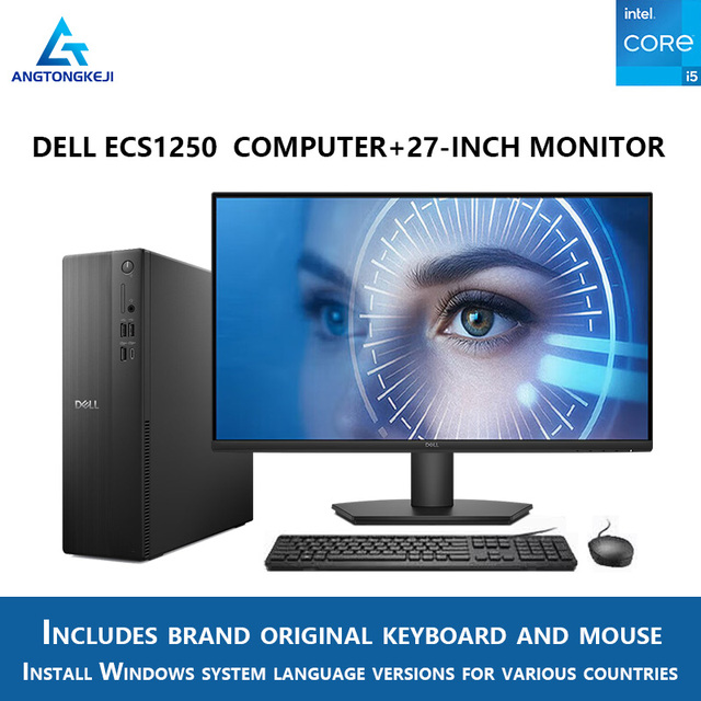 Original Dells ECS1250 Desktop Computer Core I5 DDR5 RAM NVMe SSD Home Office Business Computer+27-inch Monitor Set