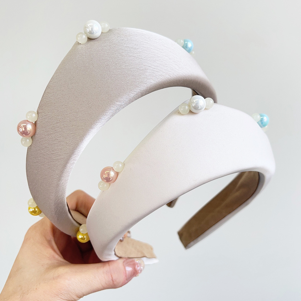 SATIN or Silk BEADED HAIR BAND Tara Crown Shape Headband - Pearl Beaded Padded Satin Silk main image 3