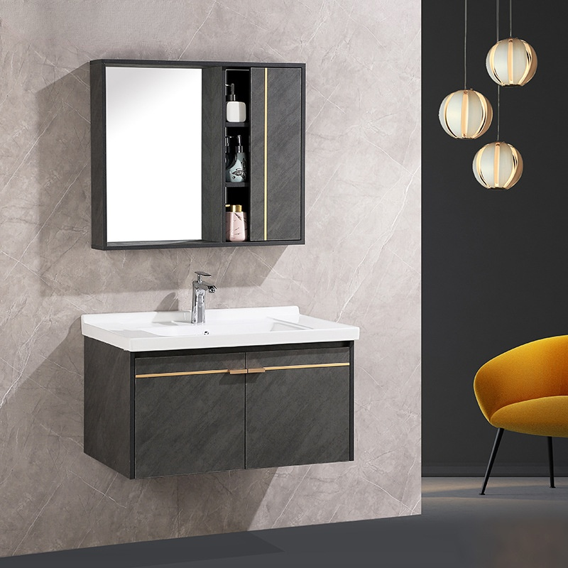 Bathroom sanitary ware vanity combo minimalist solid wood mirrored cabinets
