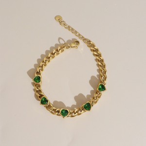 Pulsera de Cadena de Acero Inoxidable Color Dorado con Circonita Verde, Joyería para <span class=keywords><strong>Parejas</strong></span>, Brazalete Impermeable, Pulsera de Corazón a la Moda para Mujer - Product Image 1