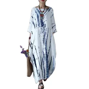 2022 half sleeves bohemian long white kaftan new boho casual women tie dye dresses