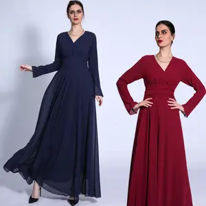 핫 세일 허리 크로스 타이 댄스 파티 플러스 사이즈 이슬람 이슬람 드레스 가을 캐주얼 쉬폰 2022 두바이 여성 긴 소매 Abaya 드레스