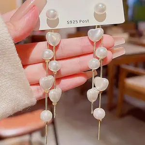 Boucles d'oreilles pendantes en forme de cœur d'amour de luxe léger Boucles d'oreilles pendantes en argent avec aiguille et perle pour filles à la mode