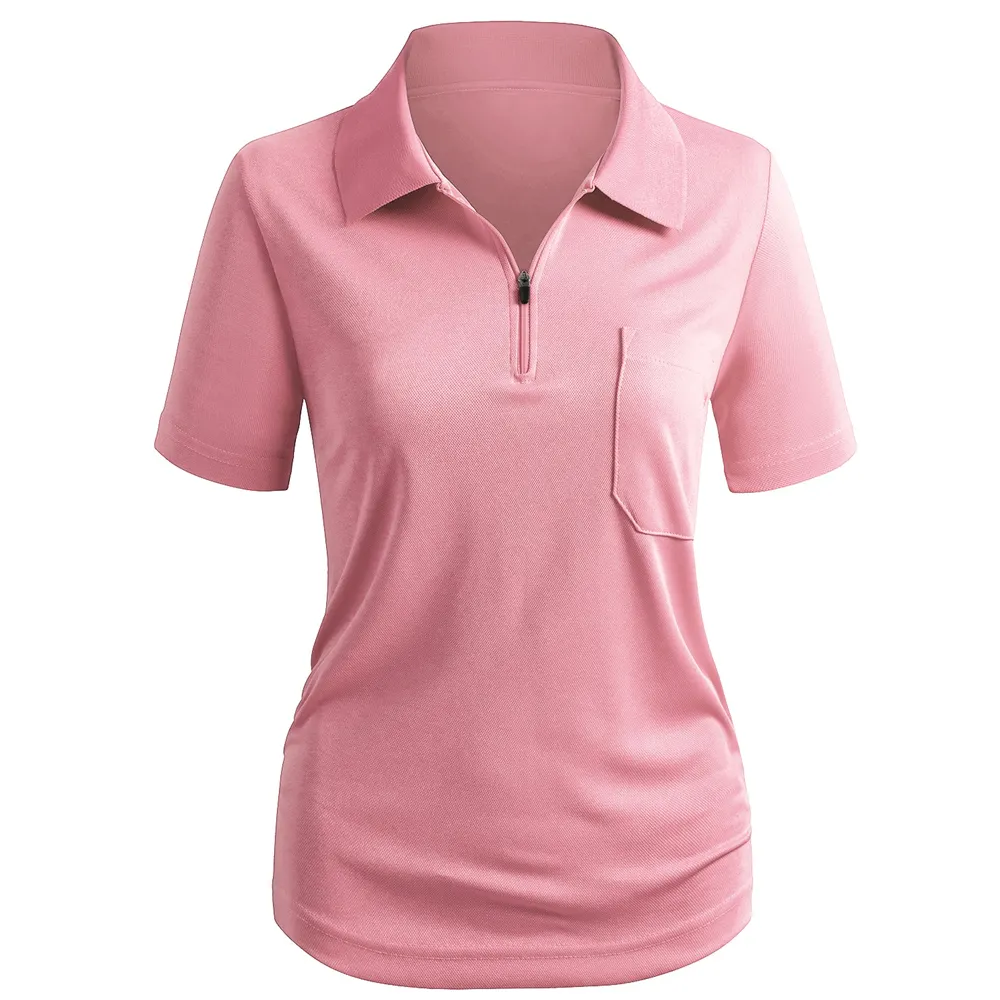 Polo rose à demi-glissière pour femmes avec poche détail haut en tricot pour les sports et les loisirs vente en gros meilleur col élégant pour femmes à manches courtes