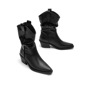 Bottines de style équestre mi-talon en cuir véritable et daim, à bout pointu, mi-mollet, mélange de couleurs, pour un look amincissant et un confort optimal - Product Image 2