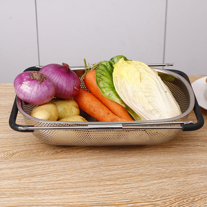 Stainless Steel Vegetable Drain Basket Perforated Telescopic Design Rubber Handle Kitchen <b>Colander</b> Strainer - Product Image 1