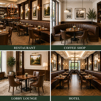 Ron Group Café- und Restaurant-Möbelset Gepolsterte Sitzbank Quadratischer Langlebiger Holztisch Hochlehniger Lederstuhl