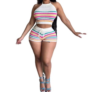 2025 nuova estate unica donna Street Wear vestito in maglia senza maniche striscia <span class=keywords><strong>Crop</strong></span> <span class=keywords><strong>Top</strong></span> e pantaloncini abbinati Set 2 pezzi - Product Image 2